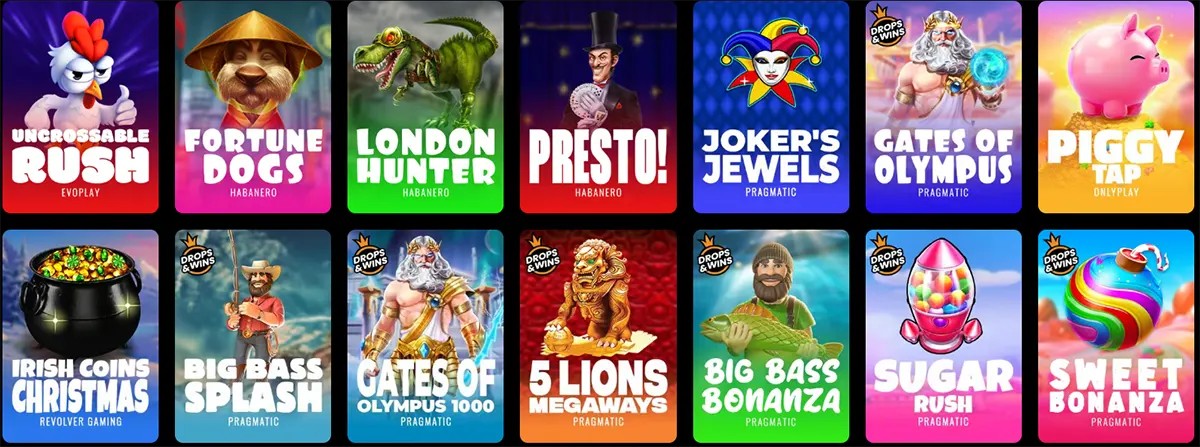 Selection of popular online slot games including Uncrossable Rush, Fortune Dogs, London Hunter, Presto, Joker’s Jewels, Gates of Olympus, Piggy Tap, Irish Coins Christmas, Big Bass Splash, Gates of Olympus 1000, 5 Lions Megaways, Big Bass Bonanza, Sugar Rush and Sweet Bonanza.