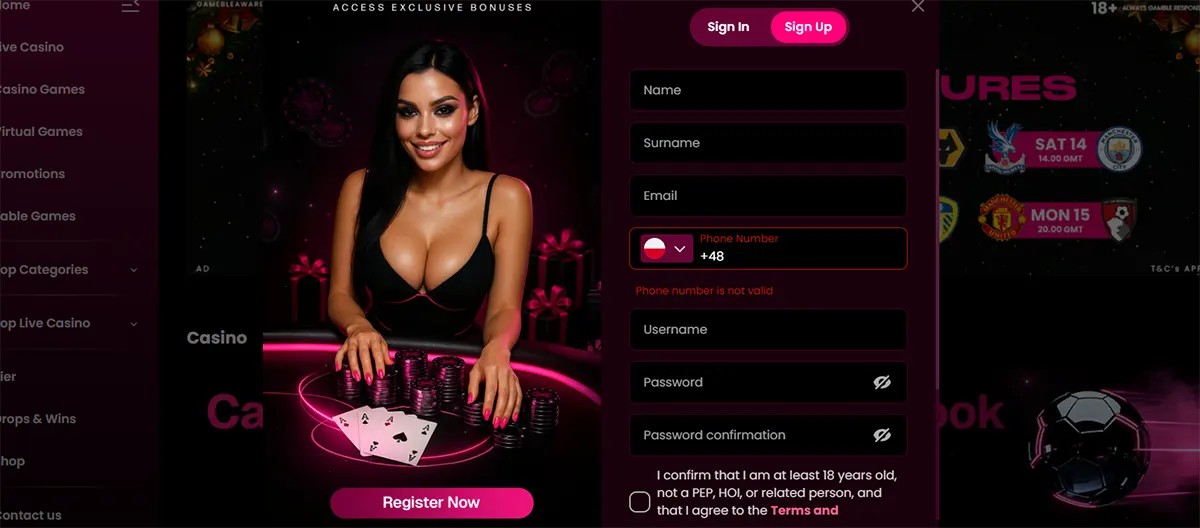 Registration form for an online casino, showing the sign-up fields next to a promotional image of a live dealer at a blackjack table.